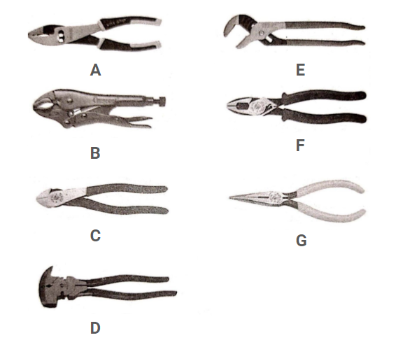 <p><span style="line-height: 1.5;">Identify the tool G.</span></p><p><span style="line-height: 1.5;">Mole wrench</span></p><p><span style="line-height: 1.5;">Cutting Pliers</span></p><p><span style="line-height: 1.5;">Needle Nose Pliers</span></p><p><span style="line-height: 1.5;">Duckbill Pliers</span></p>
