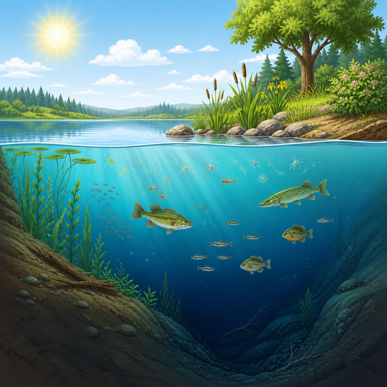 <p>Large bodies of standing water that are divided into three main zones.</p>