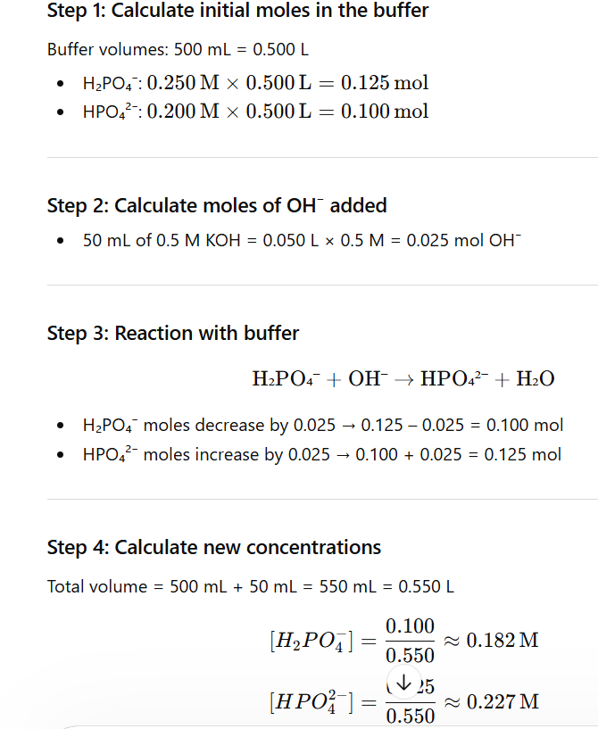 <ol><li><p>Convert initial molality of Acid and Base in buffer to moles, i.e do 0.250M of acid x 0.500L to get moles</p></li><li><p>Calculate moles of new substance’s OH or H+ by doing the ml added x the M it contained</p></li><li><p>Write out in ice table, subtracting the new substance value found in step 2 from the new initial substance found in step 1</p></li><li><p>Do the new EQ concentration / Total volume (volume used in step 1 + volume in step 2)</p></li><li><p>plug into the henderson pH equation.</p></li></ol><p></p>