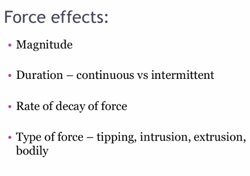 <ul><li><p>Magnitude</p></li><li><p>Rate of decay of the force</p></li><li><p>Duration - Continuous vs intermittent</p></li><li><p>Type of force - tipping, intrusion, extrusion, bodily, torque</p></li></ul><p></p>