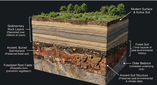 <p>What term/concept is being visualized in this image?</p><p>Definition: Ancient, buried soils that have been preserved in the geologic record, acting as time capsules of past environments.</p>