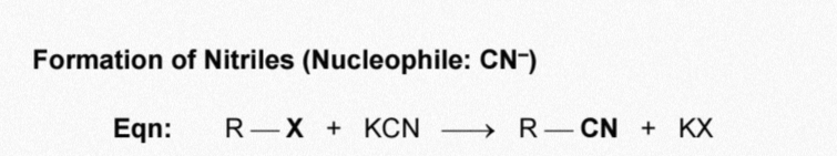 <p>Nucleophilic sub. Of halogenoalkanes to form nitrile</p>
