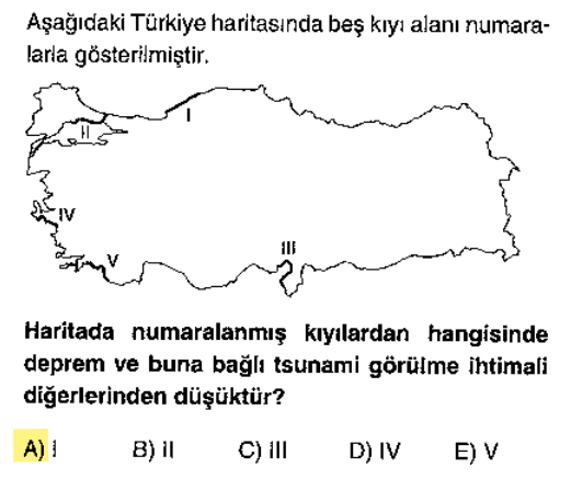 <p>I numara Karadeniz’in batı kıyılarıdır (Kırklareli). Burası ana fay hatlarına uzak olduğu için sarsıntı ve tsunami riski en düşük kıyımızdır. Ege ve Akdeniz (IV ve V) fay hatlarına daha yakındır.</p>