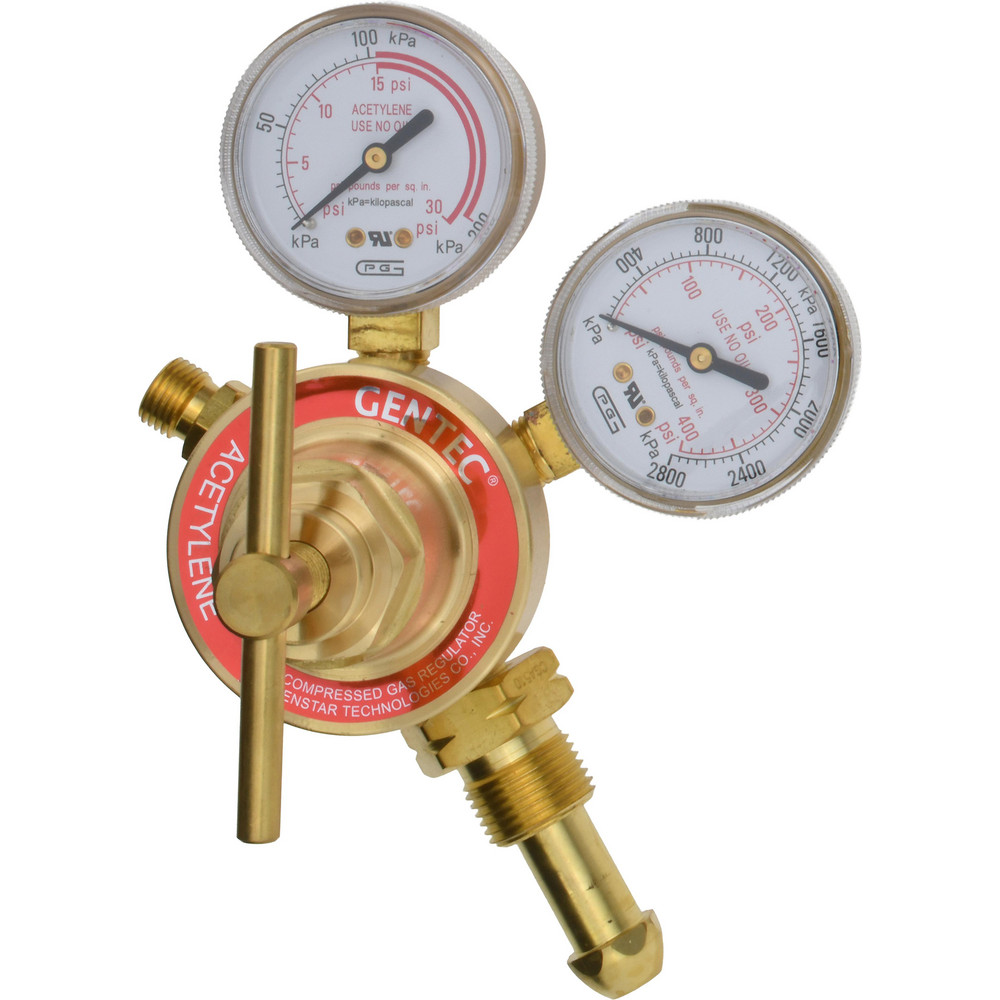 <p>Pressure regulator to control acetylene flow from cylinder to torch, featuring left-hand threaded hose connections.</p>