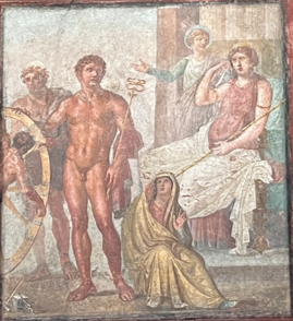 <p>Identify the scene occurring in this wall-painting in <span style="background-color: transparent;">room p of the house of vetti (fourth style) </span></p>
