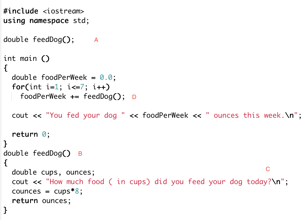 <p>which letter corresponds to the function call statement</p>