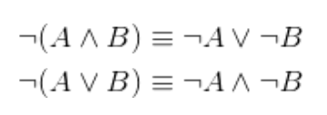 <p><strong>Expanding or factorising out negations</strong></p><p>One negation of the whole operator becomes two negated literals with a changed operator</p>