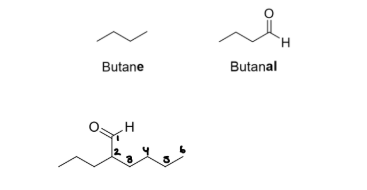 <p><strong><u>Nomenclature of Aldehydes </u></strong></p><ul><li><p>The suffix “___” indicates an aldehyde </p><ul><li><p>The <strong>parent chain must include an aldehydic group</strong> (it will be number one in the chain) </p></li></ul></li></ul><p></p>