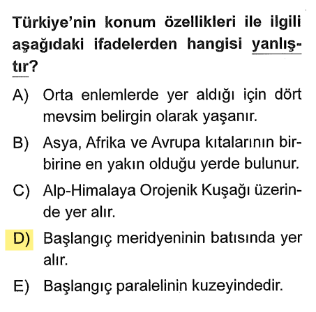 <p>Türkiye <span>26-45</span> <strong>Doğu</strong> meridyenleri arasındadır. Yani başlangıç meridyeninin (Greenwich) batısında değil, <strong>doğusunda</strong> yer alır.</p>