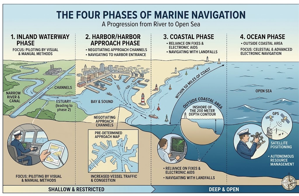 <p>Inland waterway phase, Harbor Approach phase, Coastal Phase, Ocean Phase</p>