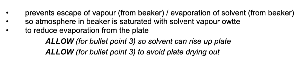 <ul><li><p>to prevent the solvent from evaporating </p></li><li><p>so atmosphere in beaker is saturated w/ solvent vapour</p></li></ul><p></p>