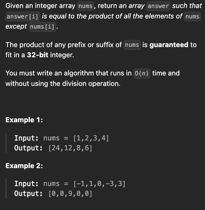 <p>Product of Array Except Self</p>