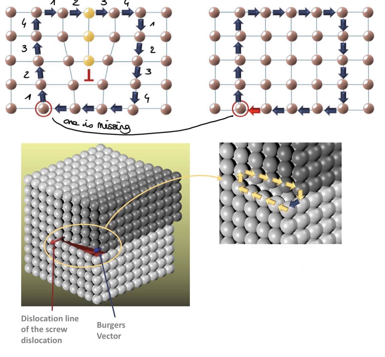 <p>Burger vector characterises dislocations → quantifies the displacement of atoms around a dislocation line</p><p></p><p><strong>Method</strong></p><p>→ draw a closed loop in the undistorted lattice moving from atom to atom, by the same number of steps in each direction</p><p>→ draw the same loop in the distorted lattice (including the dislocation) (the loop won’t be closed)</p><p>→ gap required to close the 2nd loop = burger vector</p><p></p><p><strong>Edge dislocations:</strong></p><p>→ burger vector <strong>perpendicular</strong> to dislocation line</p><p></p><p><strong>Screw dislocation:</strong></p><p>→ burger vector <strong>//</strong> to dislocation line</p><p></p>