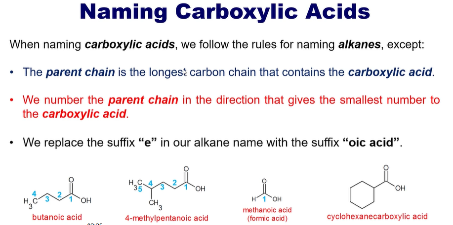<p>Parent chain will always be the longest carbon chain that has the carboxylic acid. </p><p></p><p>It will also give the smallest number to the carboxylic acid. </p>