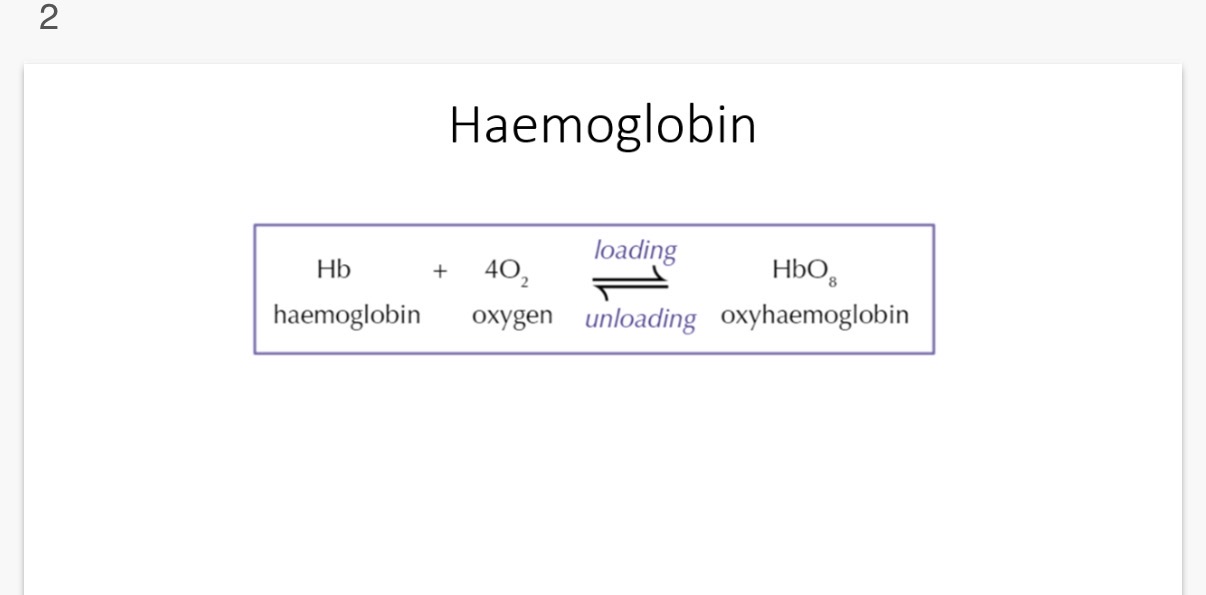 <p>Hemoglobin(quaternary structure is made up of…1?</p><p>•Each chain in hemoglobin has a …2? group which gives it its …3? colour</p><p>•Harmoglobin has an affinity for …4? (can carry 4 O, molecules)</p><p>• When haemoglobin becomes oxygenated, it is known as …5?</p>