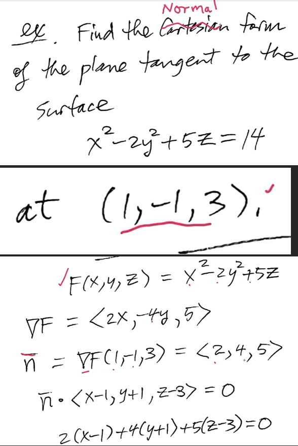 <p>Find the gradient of the surface and plug in the values of the point you’re given. Treat this gradient as the normal vector and substitute x^0, y^0, and z^0 with the values of the point in the formula for the normal form of a plane.</p>