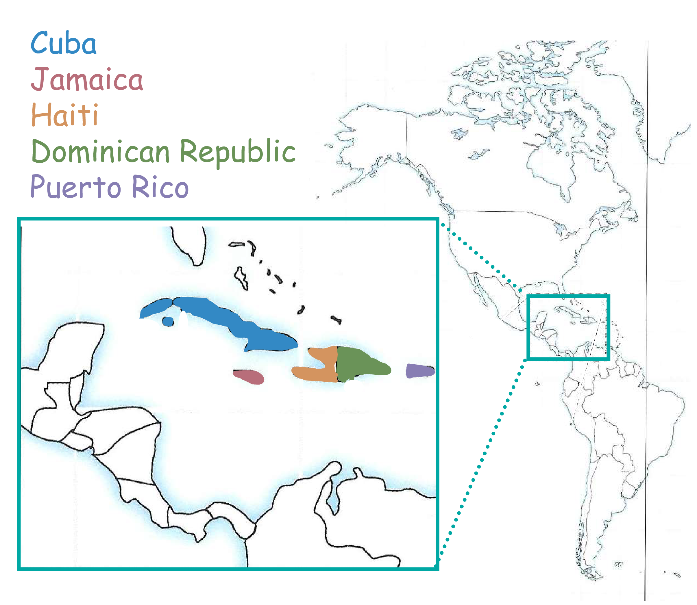 <p><mark data-color="blue" style="background-color: blue; color: inherit;">Cuba</mark></p><p><mark data-color="red" style="background-color: red; color: inherit;">Jamaica</mark></p><p><mark data-color="#f3ad38" style="background-color: rgb(243, 173, 56); color: inherit;">Haiti</mark></p><p><mark data-color="green" style="background-color: green; color: inherit;">Dominican Republic</mark></p><p><mark data-color="purple" style="background-color: purple; color: inherit;">Puerto Rico</mark></p>