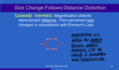 <p>D/t magnification of an object distorting stereoscopic distance to a target, what changes according to Emmert's Law?</p>