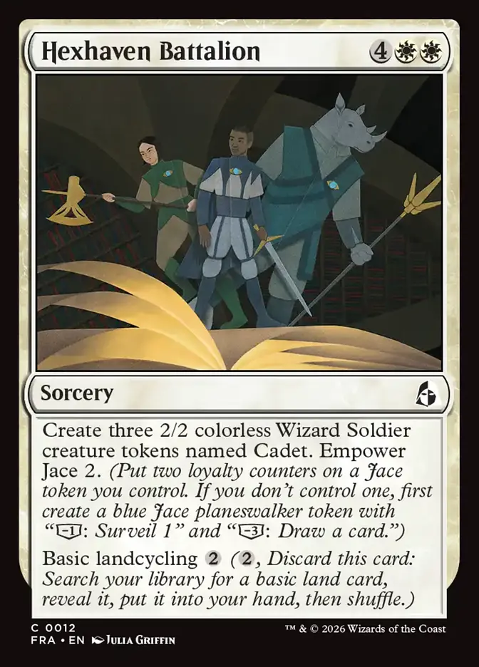 <p>Create three 2/2 colorless Wizard Soldier creature tokens named Cadet. Empower Jace 2. <em>(Put two loyalty counters on a Jace token you control. If you don’t control one, first create a blue Jace planeswalker token with “[−1]: Surveil 1” and “[−3]: Draw a card.”)</em></p><p>Basic landcycling {2} <em>({2}, Discard this card: Search your library for a basic land card, reveal it, put it into your hand, then shuffle.)</em></p>
