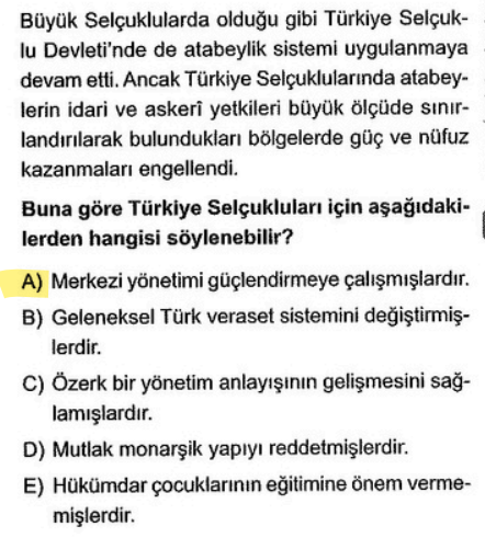 <p>Büyük Selçukluların aksine, Türkiye Selçukluları atabeylerin (melik eğitmenlerinin) gücünü sınırlamıştır. Buradaki temel hedef, atabeylerin kendi başlarına hareket etmesini önlemek ve devletin merkezi otoritesini korumaktır.</p>
