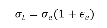 <p>sigma_t = stress_e (1 + strain_e). </p><p>sigma_t = true stress. </p><p>stress_e = engineering stress. </p><p>strain_e = engineering strain</p><p>t = e (1 + e). Strain to see the second one (inside parentheses). (Engineering = more complicated expression). </p><p>(end of slide 9). </p>