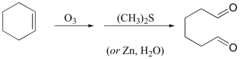 <p>cleaves alkene =</p><p>1º -> aldehyde</p><p>2º -> ketone</p><p>ozonolysis under reducing conditions</p>