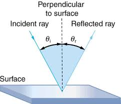 <p>Reflection is when light <strong>bounces</strong> <strong>off</strong> surfaces.</p><ul><li><p>θ<sub>i </sub>= θ<sub>r</sub></p></li></ul><p></p>