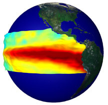 <p>change in air pressure, wind patterns, ocean temperature, and ocean circulation in the Pacific Ocean; With weaker equatorial wins and warmer water</p>
