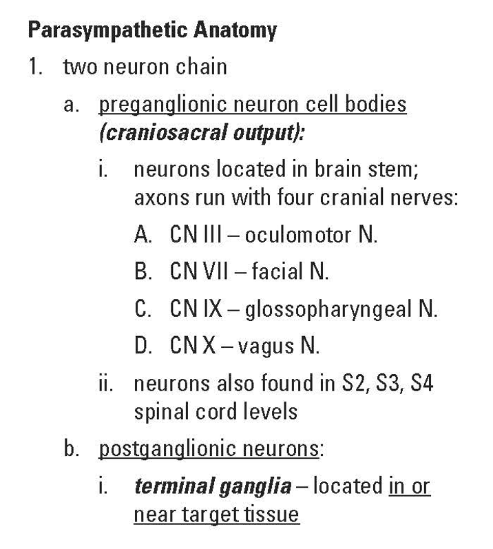 <p><span>–Begins with <strong><em>craniosacral output</em></strong></span></p><ul><li><p><u>Preganglionic parasympathetic</u> neuron cell bodies are located in either <strong><em>brain stem </em></strong>or <strong><em>S2-S4 sacral spinal cord</em></strong></p></li></ul><p><span>–<u>Postganglionic parasympathetic</u> neuron cell bodies located in <strong><em>terminal ganglia</em></strong></span></p><ul><li><p><span>Terminal ganglia are located <strong><em>in or near their target organ</em></strong></span></p></li></ul><p style="text-align: left;"><span>→ Terminal ganglia of <u>head</u> are located <u>near</u> their target organ - these ganglia are individually named</span></p><p style="text-align: left;"><span>→ Terminal ganglia of <u>body</u> are located <u>embedded in</u> wall of target organ - these ganglia are not individually named (just called terminal ganglia)</span></p>