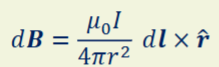 <p>I - current flowing through distance dl</p><p>dB - resulting magnetic field at point distance r in direction r</p><p>direction found through right hand rule</p>