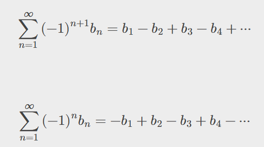 <p>the terms alternate signs, from negative to positive and vice versa<br>(-1)^n/n to start with negative<br>(-1)^n+1/n to start with positive</p><p>three conditions<br>i. alternating series<br>ii. series is non-increasing<br>iii. lim of series bn = 0 (the last term is 0)</p>