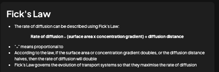 <p>Rate of diffusion = (surface area × concentration gradient) ÷ diffusion distance</p>