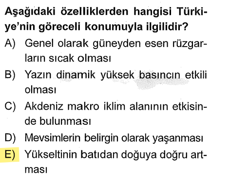 <p>Eğer bir özellik yükselti, yer şekilleri, denizellik-karasallık veya komşu ülkelerle ilgiliyse bu <strong>Göreceli (Özel)</strong> konumdur. Matematiksel (enlem/boylam) hesaplarla açıklanıyorsa <strong>Mutlak</strong> konumdur.</p><p><strong>Yükseltinin batıdan doğuya doğru artması.</strong> Bu tamamen Türkiye'nin jeolojik yapısı ve yer şekilleriyle ilgilidir.</p>