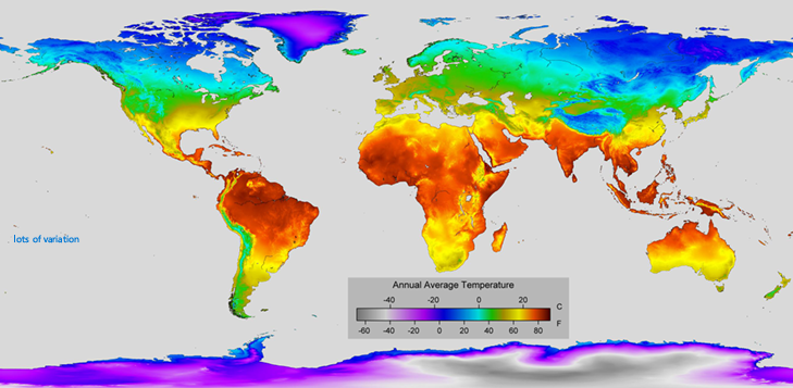 <ul><li><p>warmer near equator</p></li><li><p>colder near poles </p></li></ul><p></p>