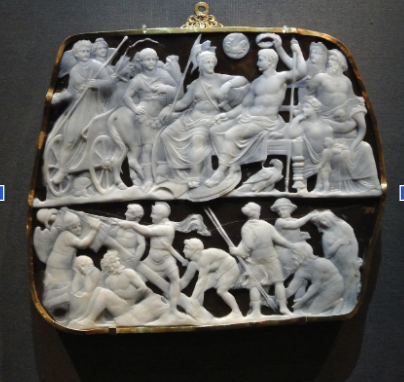 <ul><li><p><span style="background-color: transparent; font-family: "Times New Roman", serif;">Carved by August's gem cutter</span></p></li><li><p><span style="background-color: transparent; font-family: "Times New Roman", serif;">In Vienna</span></p></li><li><p><span style="background-color: transparent; font-family: "Times New Roman", serif;">Shows Tiberius being crowned with laurel wreath</span></p></li><li><p><span style="background-color: transparent; font-family: "Times New Roman", serif;">Present: roman eagle, capricorn, Augustus arriving from a chariot to greet him, female figure with two children</span></p></li><li><p><span style="background-color: transparent; font-family: "Times New Roman", serif;">Below: Roman soldiers raising trophy, shield with scorpion, captured barbarians held by their hair</span></p></li><li><p><span style="background-color: transparent; font-family: "Times New Roman", serif;">Emphasized youthfulness and heroic nudity&nbsp;</span></p></li><li><p><span style="background-color: transparent; font-family: "Times New Roman", serif;">Variety of poses, overlapping figures, bodies can be noticed under drapery&nbsp;</span></p></li></ul><p></p>