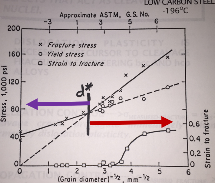 <p>Larger grains are more prone to brittle fracture and have lower fracture stress. In large grained materials fracture stress is less than yield strength, but does not fracture due to lack of crack nucleation, but at yielding dislocations allow for easy crack nucleation and fracture happens immediately as the conditions for fracture are already met. In small grained materials fracture stress is greater than yield stress so when crack nucleate during yielding they must first propagate until fracture causing ductile behavior</p>