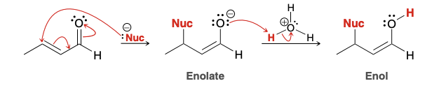 <p>Also called a 1,4 addition, the nucleophile and the proton have added across the ends of a conjugated π system</p><p>tautomerization(final product converting to a ketone) is stil a 1,4 addition</p>