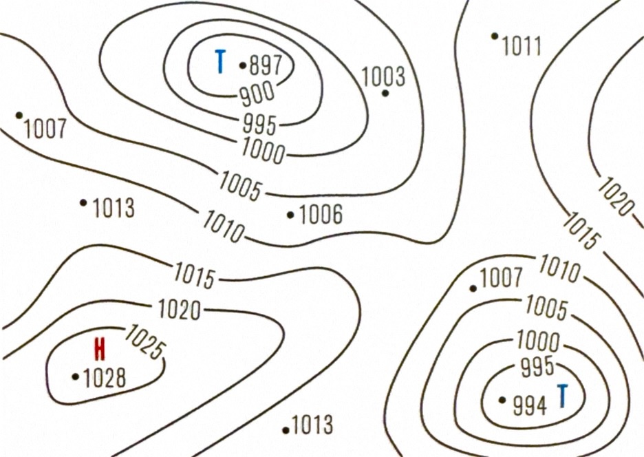 <p>Um Wetterkarten zu erstellen, sammeln Meteorologen die von verschiedenen Wetterstationen rund um den Globus gemessenen Luftdruckwerte. Damit man eine einheitliche Grundlage erhält, werden die gemessenen Daten rechnerisch mit Werten der Standardatmosphäre <strong>auf Meereshöhe reduziert</strong>. Die Messpunkte werden auf eine Karte übertragen und die Punkte gleichen Luftdrucks mit Linien verbunden. Diese Linien nennt man Isobaren. Die lsobaren kennzeichnen auf einer Wetterkarte die Lage von Hoch- und Tiefdruckgebieten. Sie sind vergleichbar mit Höhenlinien auf geographischen Karten.</p>