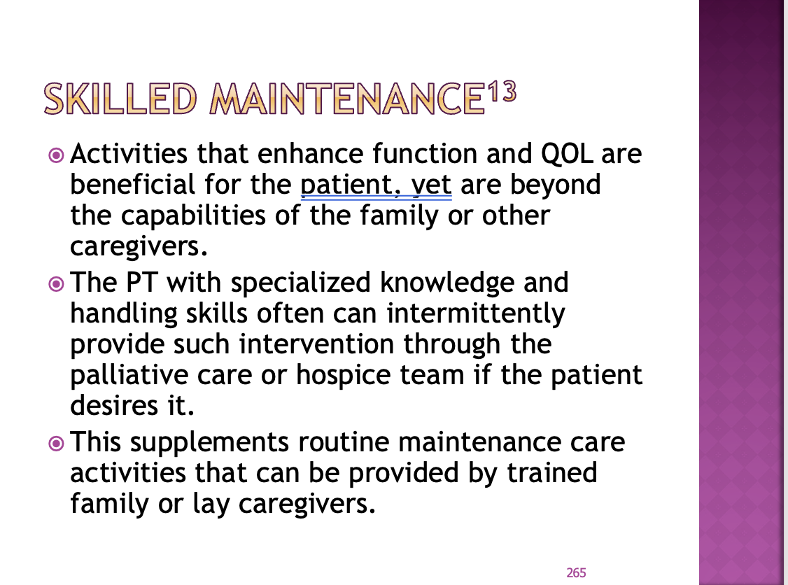 <p><span>PT: weightshifting and advancing food (caregiver cant do high level gait training)</span></p><p><span>But if it keeps them walking and theptwants to we would have to be doing the maintenance</span></p>