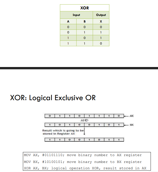 <ul><li><p>Performs bitwise exclusive OR (XOR) operation between the destination and source operands.</p></li><li><p>XOR destination, source</p></li></ul><p>Example 1:</p><ul><li><p>MOV AL, #0101 1101</p></li><li><p>MOV BL, #0001 1011</p></li><li><p>XOR AL, BL</p></li></ul><p>Example 2:</p><ul><li><p>MOV AL, #42</p></li><li><p>MOV BL, #51</p></li><li><p>XOR AL, BL</p></li></ul><p></p>