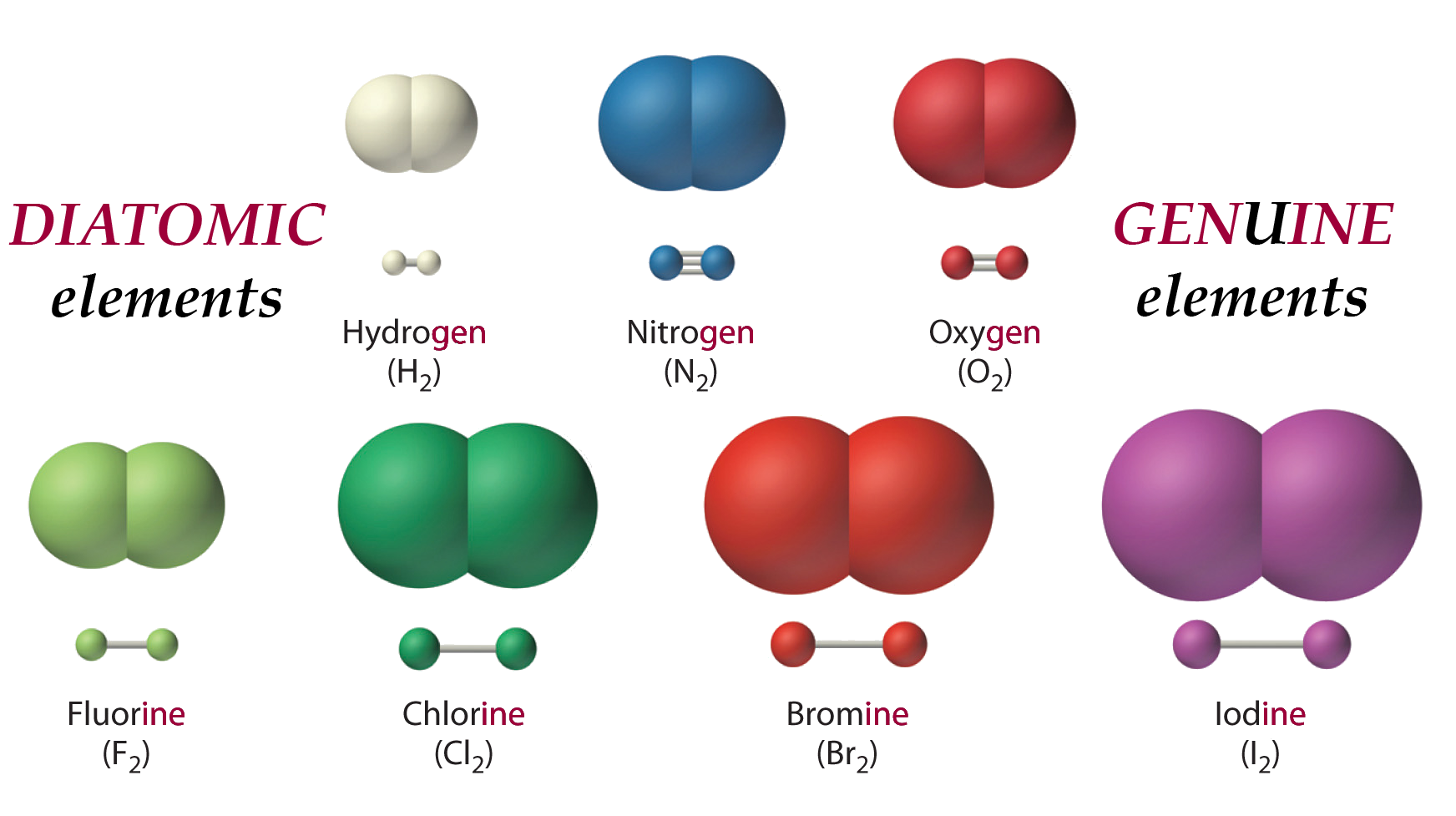 <p>Molecule made of two of the same element (nitrogen gas, oxygen gas)</p>