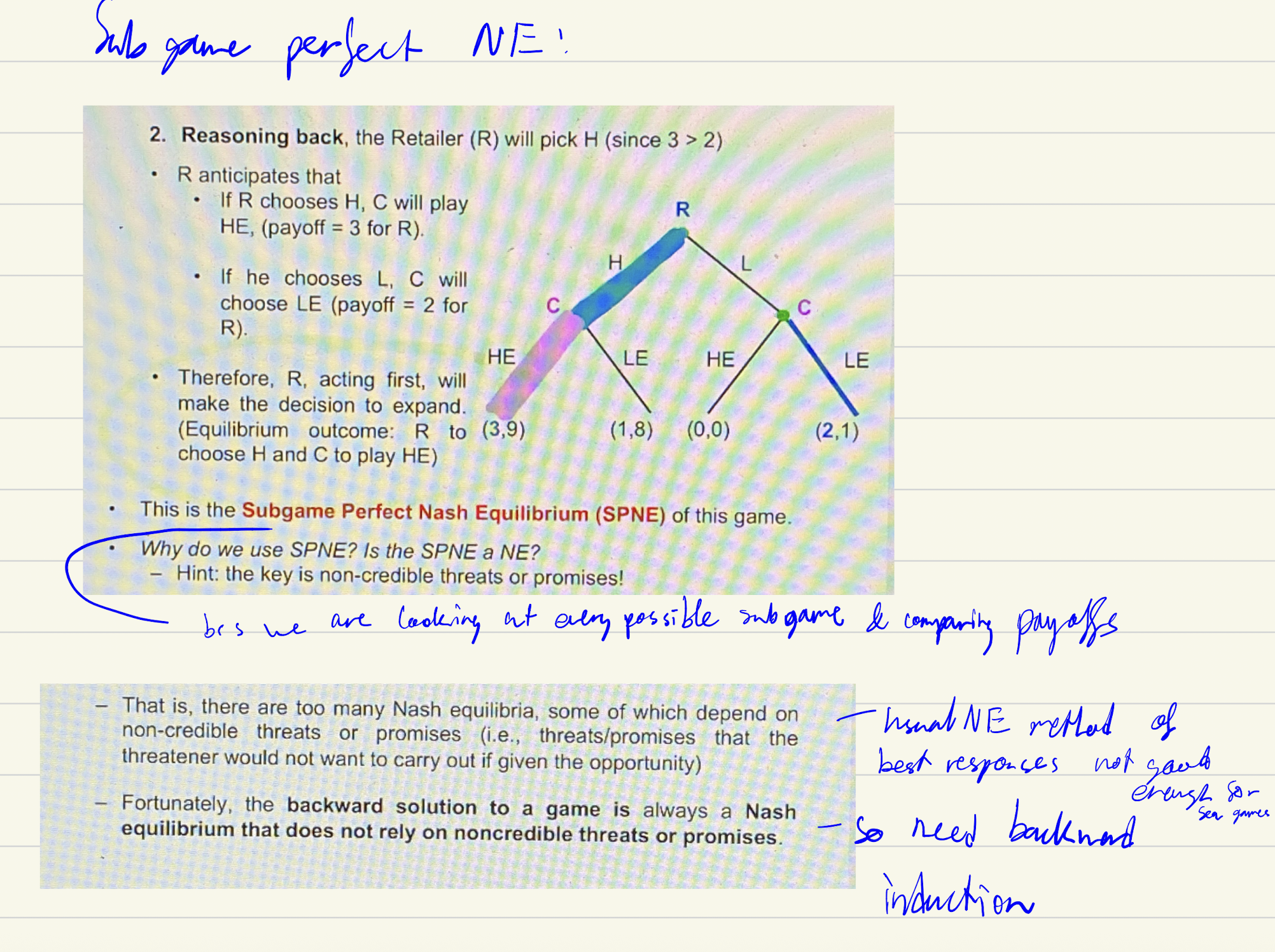 <p>Rules out NE that are based on non-credible threats. All SPNE are NE but not all NE are SPNE.</p>