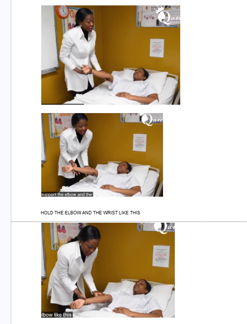<p><br></p><p><span style="background-color: transparent;">Grab arm</span></p><p><br></p><p><span style="background-color: transparent;">TELL THEM TO LET U KNOW IF THEY FEEL ANY PAIN</span></p><p><br><span style="background-color: transparent;">HOLD THE ELBOW AND THE WRIST LIKE THIS [look at document in step 2]</span></p>