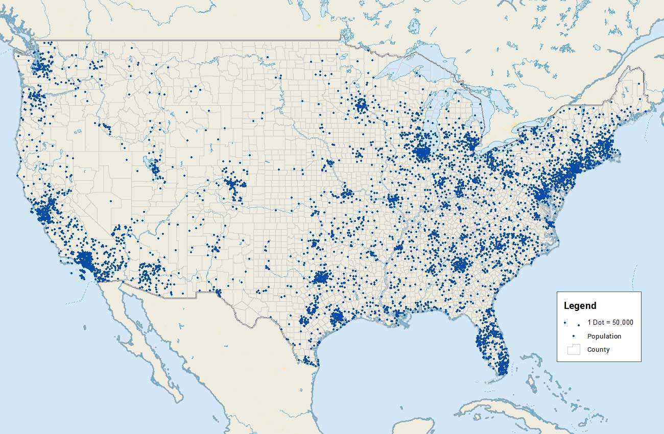 <p>a type of thematic map that uses dots to represent the presence or quantity of a particular attribute/phenomena in specific areas, illustrating spatial distribution. </p>