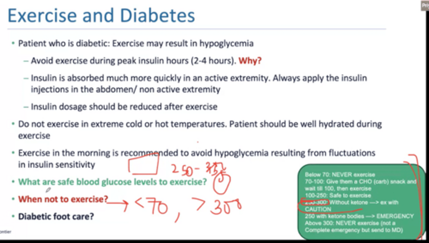 <p>NO exercise: <70 or >300</p><p>safe is 100-250</p>
