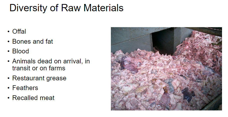<p><strong>Raw Materials Used in Rendering</strong><br>  • <strong>Offal</strong> → internal organs and other parts not typically used as meat<br>  • <strong>Bones and fat</strong><br>  • <strong>Blood</strong><br>  • Animals <strong>dead on arrival, in transit, or on farms</strong><br>  • <strong>Restaurant grease</strong><br>  • <strong>Feathers</strong><br>  • <strong>Recalled meat</strong></p>