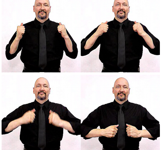 <p>make “a” hands and move hands down chest</p>
