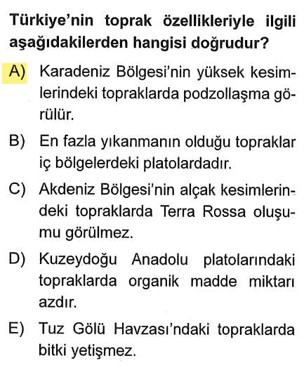<p><strong>Podzol</strong> topraklar, soğuk ve nemli bölgelerin (Batı ve Doğu Karadeniz’in yüksekleri) iğne yapraklı orman altı topraklarıdır. Aşırı yıkandığı için besin değeri düşüktür ve rengi kül grisidir.</p>