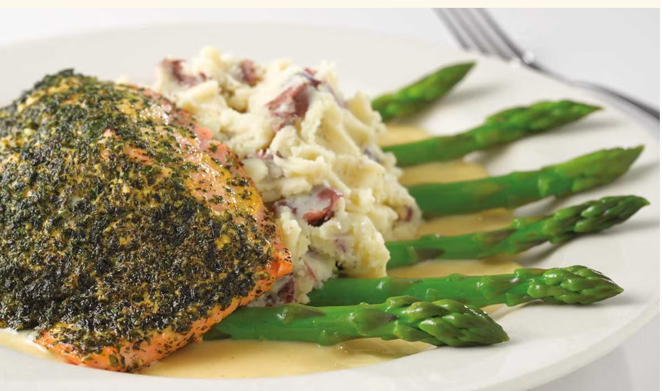 <p>Served with a Delicious Lemon Sauce, Asparagus and Mashed Potatoes</p>