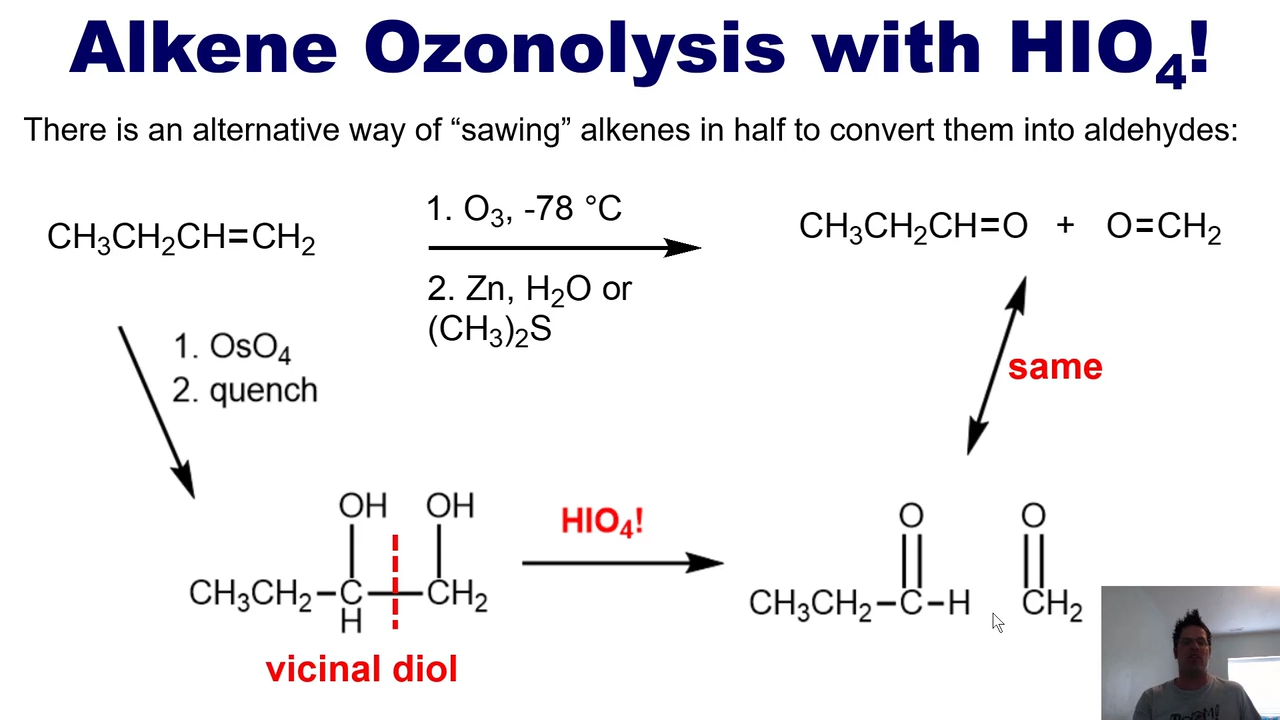 <p>First undegoes a Syn-dihydroxylation with OSO4</p><p>HIO4! then cuts it in half, much like O3</p>